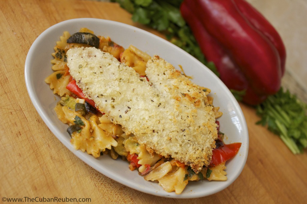 Paremsan crusted tilapia with roasted veggie bowties