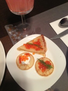 Blini with red caviar.  Photo by Nat G.