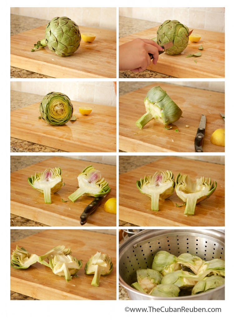 Preparing an artichoke for cooking may sound daunting, but can really be done quickly with a sharp knife.