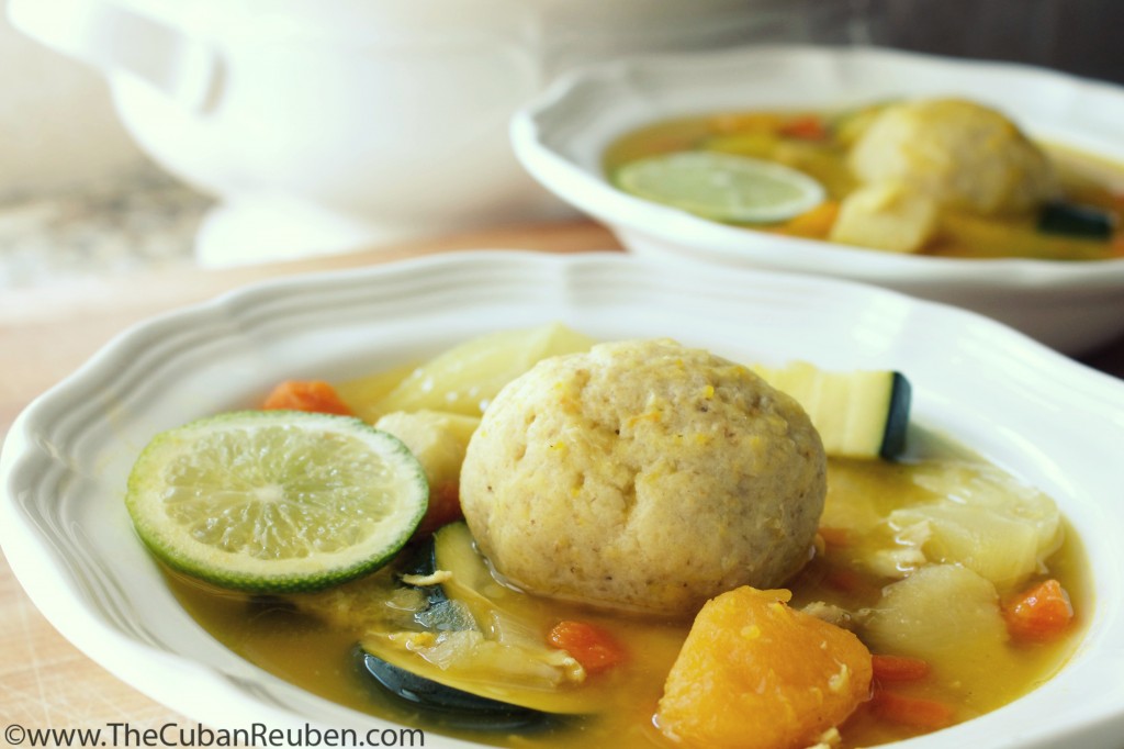 Cuban Matzoh Ball Soup - close up marked