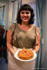 Rachel, sporting her mighty peach upside-down cake.