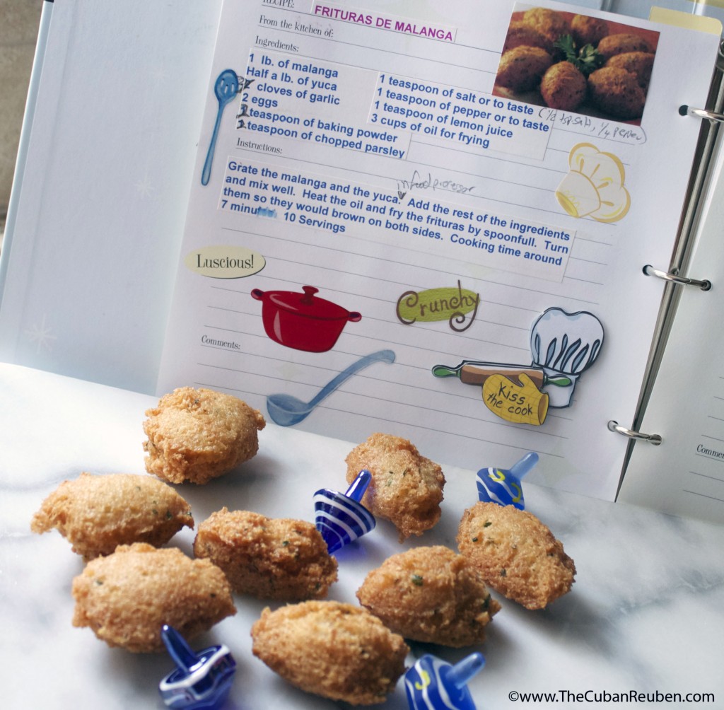 My Hanukkah malanga fritters, sitting in front of the "famous" family cookbook my mother gifted me. 