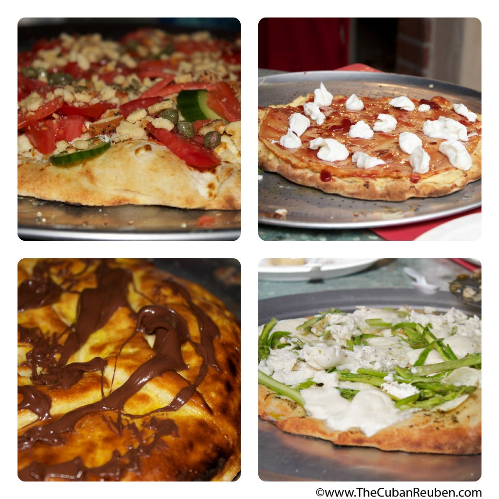 Some of the amazing pizzas featured (clockwise from top left: Bagel and lox pizza, cheese blintz pizza, asparagus and cheese omelette with brown butter pizza, chocolate croissant pizza).